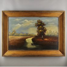 Obraz krajiny, řeka s lodí